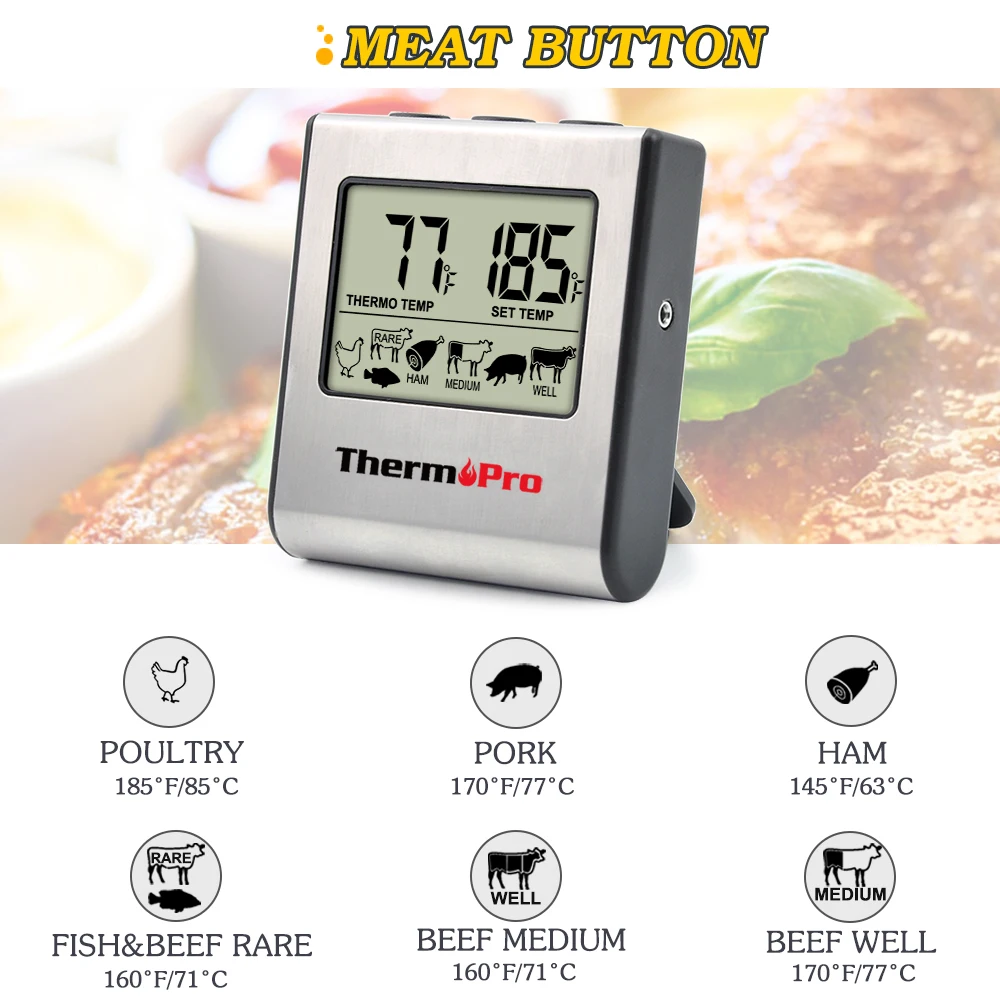Термопро TP-16 большой ЖК Цифровой Кухонный Термометр для приготовления пищи и мяса для барбекю печь гриль курильщик Встроенные часы таймер