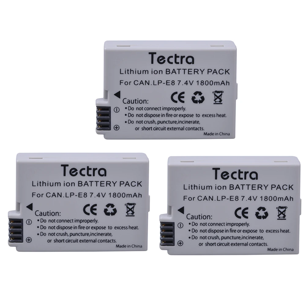 Tectra 3 шт. LP-E8 LPE8 LP E8 7.4 В/1800 мАч литий-ионный Батарея+ ЖК-дисплей USB двойной Зарядное устройство для canon EOS 550D 600D 650D 700D