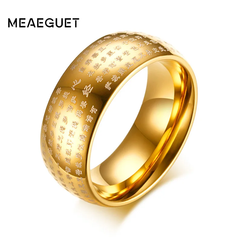 

Meaeguet 8mm Wide Chinese Buddhist Scripture Ring Men Stainless Steel Prayer Bijoux 3 Color Religious Cocktail Jewelry