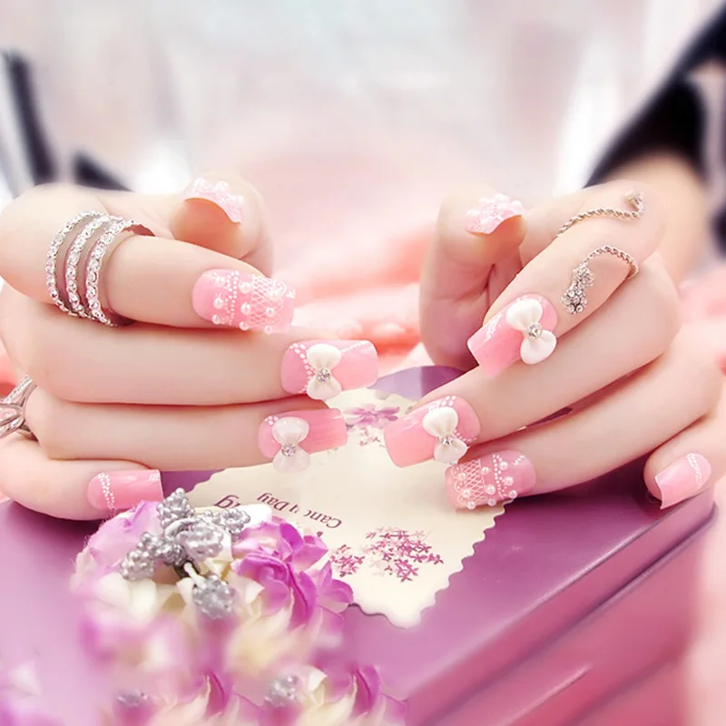 

Medium length fake Nails 3D brush Bridal Squoval Diy Nail Art Bowknot Styles Accessory 24 PCS Tips Fake nails with glue