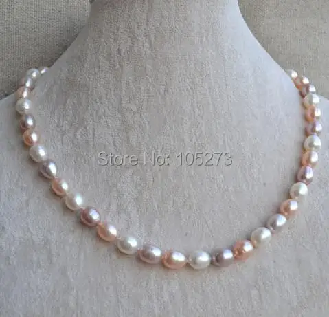 

New Arriver Pearl Jewelry 18 Inches 8x10mm White Pink Lavender Freshwater Pearl Necklace Wedding Party Jewelry Free Shipping