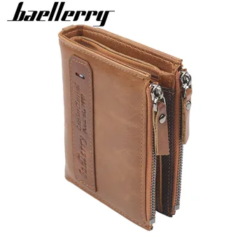 

Baellerry Genuine Leather Men Wallets Double Zipper Retro Short Coin Purse Fashion Cowhide Clutch Wallet Card Holder