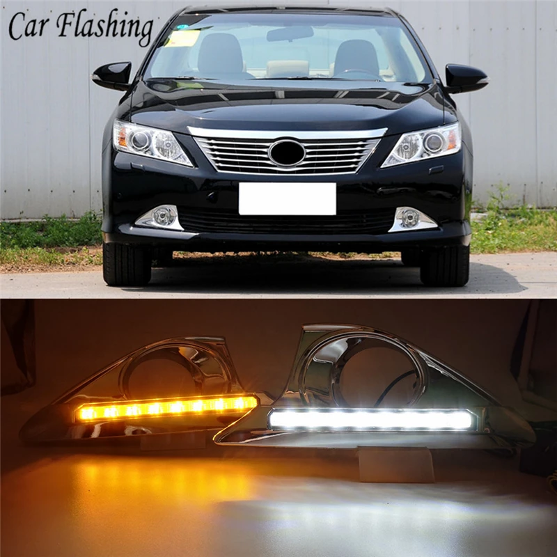 

Car Flashing 2Pcs DRL For Toyota Camry 2012 2013 2014 Daytime Running Lights fog lamp cover 12V Daylight with yellow signal lamp