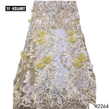 

YF HZGJMY Latest African Laces 2019 Nigeria 3d Flowers Dress Lace Beaded Stones Gold Tulle French Lace Fabric for Lady A2264