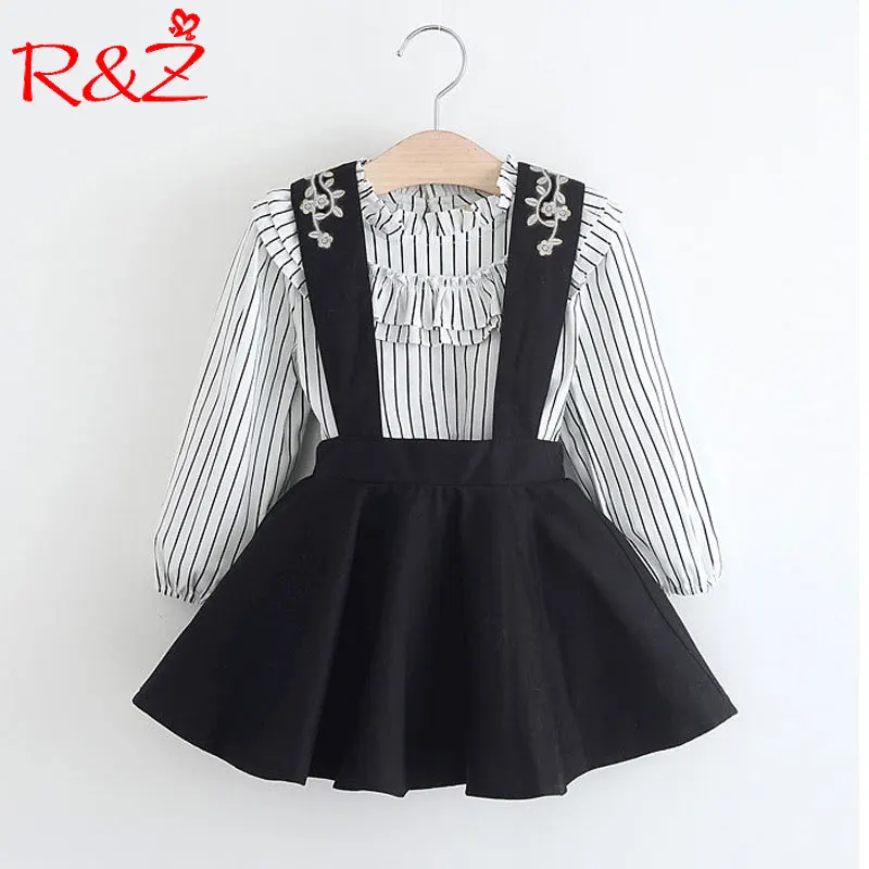 

R&Z 2018 New Children's Clothes Girls Set Lotus Leaf Shirt + Strap Skirt 2Pcs Striped Tops Embroidered Fashion Matching Suits k1
