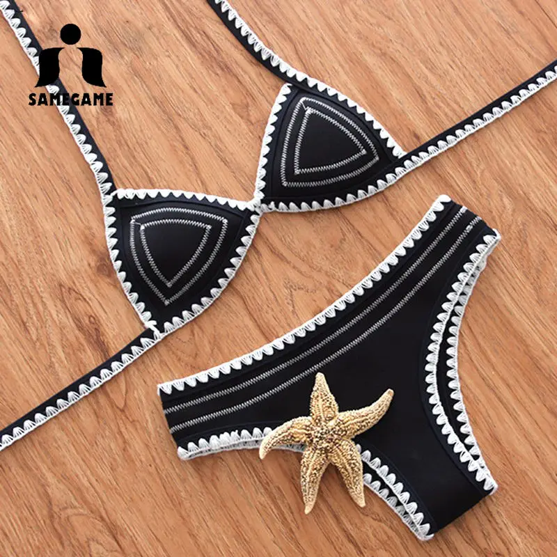 

2017 New Handmade Crochet Neopre Bikini Women Swimsuit Push Up Swimwear female Sexy Brazilian Bikini Set Beach Wear Bathing Suit