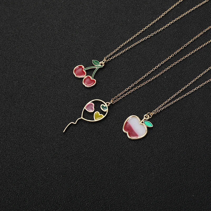 Cartoon Enamel Colorful Fruit Apple Necklace Flying Balloon with Hearts Necklace Red Color Cherry Chain Necklaces for Women
