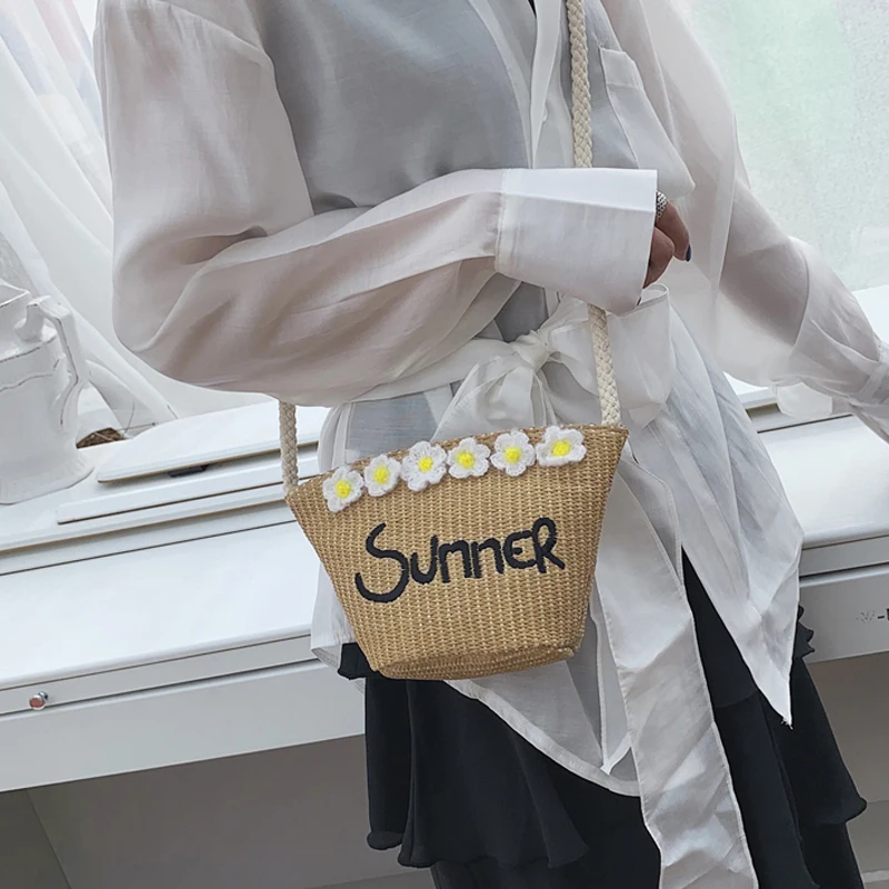 Женское пляжное стильное цветочное соломенное вязание, сумка на плечо, женская сумка на молнии, модная сумка с буквенным принтом для девочек 34*8*14 см