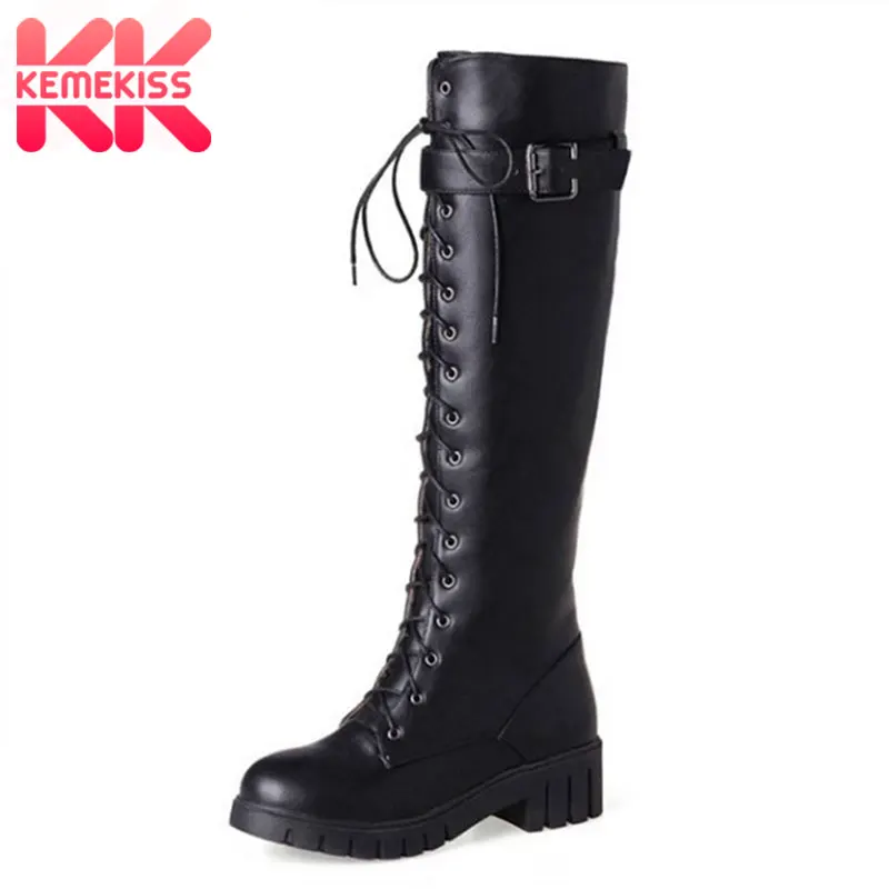 

KemeKiss Size 34-43 Women High Heel Boots Riding Motorcycle Cross Strap Thick Heel Boot Knee High Boot Punk Gothic Lace Up Botas