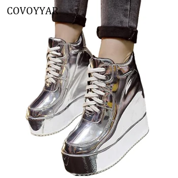 

COVOYYAR Hidden Wedges Casual Shoes Platform Women Sneakers 2019 Patent Leather Lace Up Ankle Martin Boots Golden/Silver WSN695