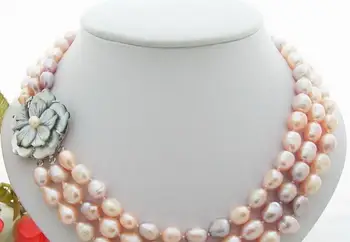 

free shipping 3Strds Multi Color Baroque Pearl Necklace-Cameo Clasp