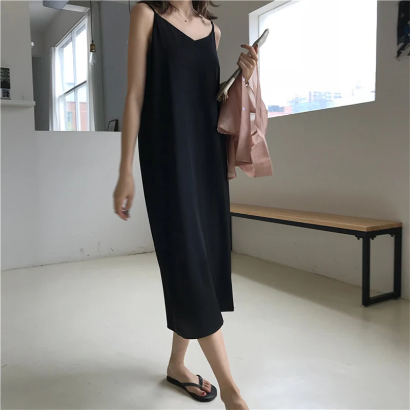 Online Sexy Delle Donne del Vestito Maxi Abiti Senza Maniche Sciolti Con Scollo A V Fionda Lungo Nero Vestito Da Partito