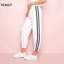 TCJULY модные хлопковые полосатые штаны для бега с карманами, повседневные брюки с высокой талией для женщин, уличная одежда, трикотажные тонкие спортивные штаны