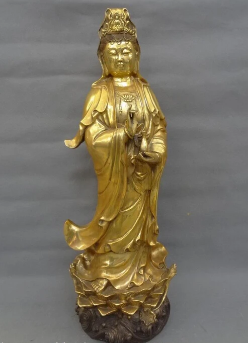 

wholesale factory 26" Chinese Bronze Gilt Buddhist Joss Standing Lotus Kwan-Yin QuanYin Pot Statue