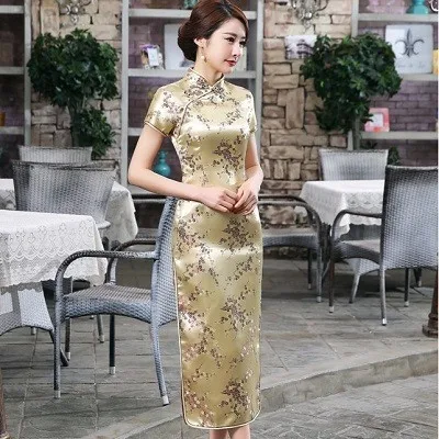 Традиционное китайское платье размера плюс S-6XL, чонсам, драконом Фениксом, длинное платье Ципао, сексуальное платье с разрезом, костюм танга, женское банкетное платье Ципао - Цвет: Golden plum blossom