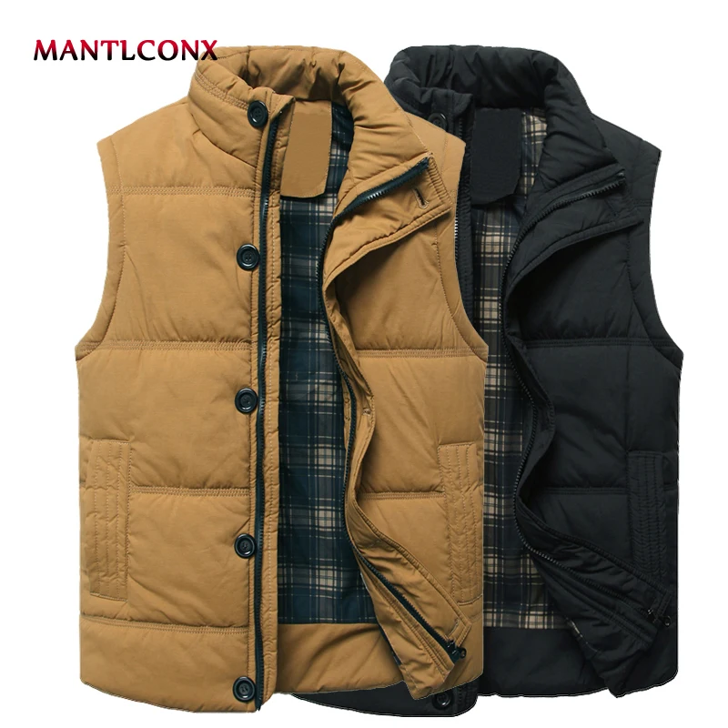 

MANTLCONX Men Vest Sleeveless New Winter Warm Outwear Zipper Padded Jacket Coat Male Solid Vest Men Waistcoat Quality Men Coat