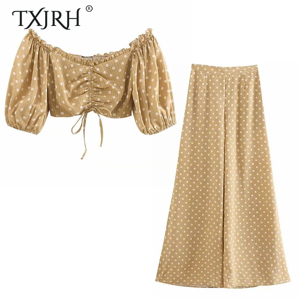 

TXJRH Vintage Polka Dot Print Slash Neck Wood Ears Tied Bow Hem Crop Tops High Waist Loose Wide Leg Pants Trousers 2 Pieces Sets