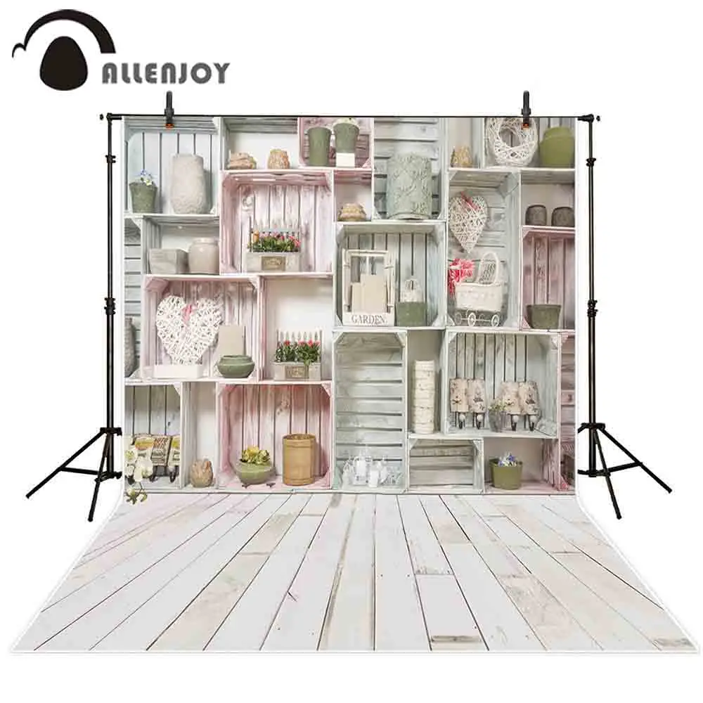 

Allenjoy photography background Spring wood shelf wall flower heart backdrop photo studio shoot prop photocall photophone decor
