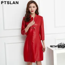 Ptslan Medium long Genuine Leather Jacket Women 2017 New Autumn Women s Real Lambskin Leather Coat