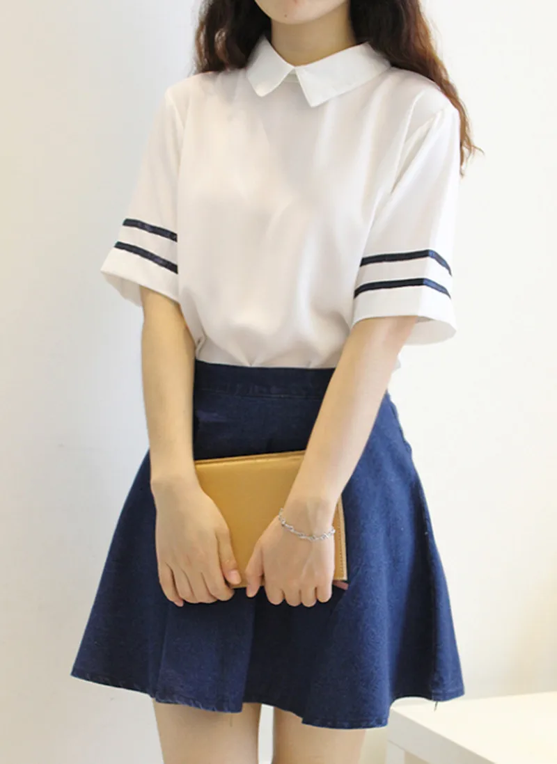 

Japan South Korea School Uniform Turn-down Collar Short Sleeve Tops And Skirt British Navy Style Sailor Uniform Student Uniform