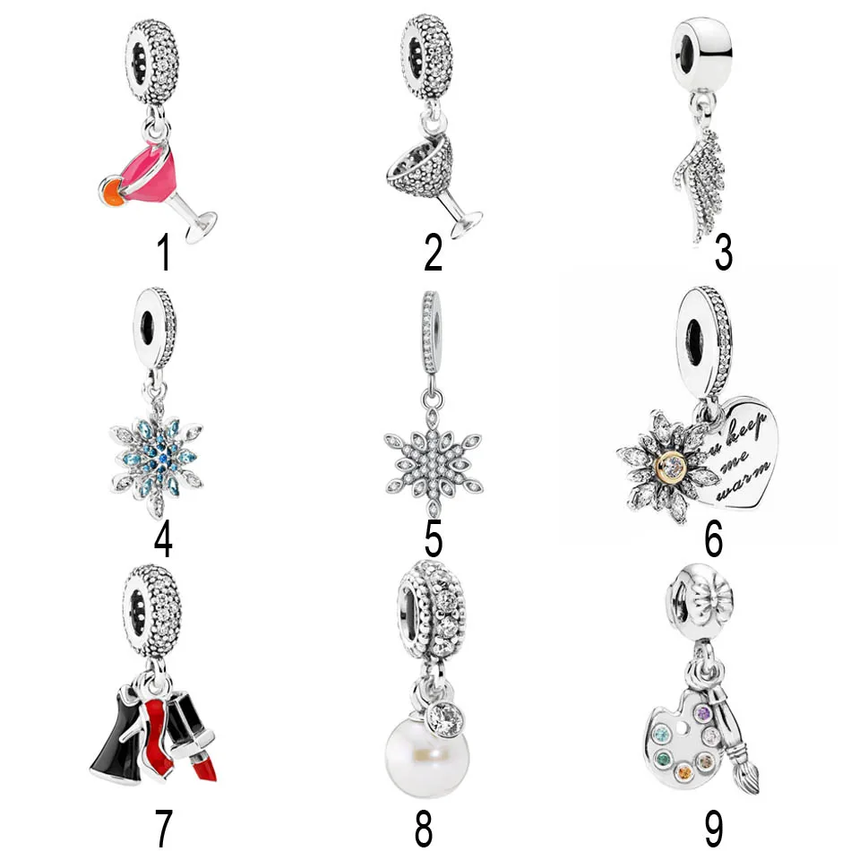 

925 Silver Artists Palette Dangle Fit Pandora Bracelet Majestic Feathers Charm Luminous Elegance Pearl Snowflake Heart Pendant