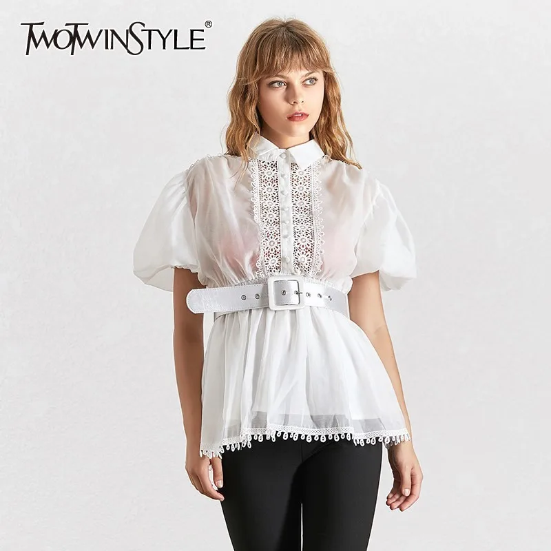 

TWOTWINSTYLE Elegant Embroidery Patchwork Women Blouse Lapel Collar Half Sleeve Tunic Chiffon Shirt Female Fashion Summer 2019