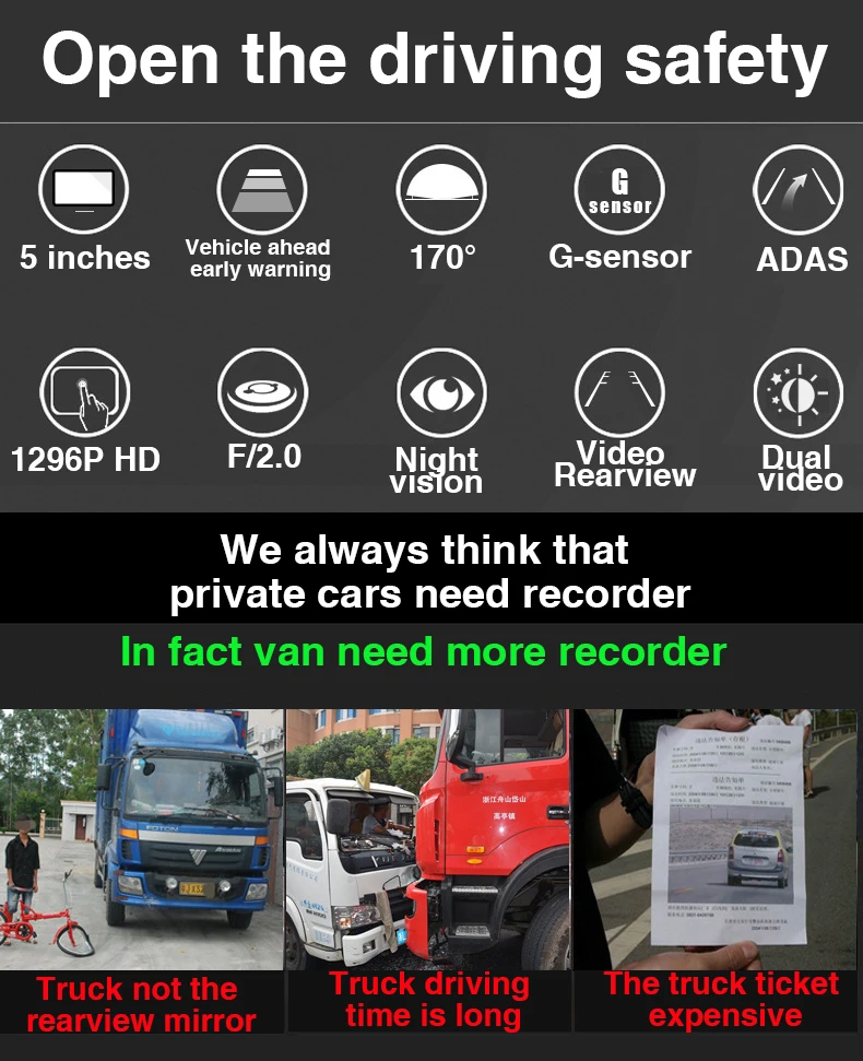 Большой грузовик двойной долгосрочная поддержка видео " автомобиль путешествия Регистратор данных ADAS вспомогательная система вождения доктор 170 градусов