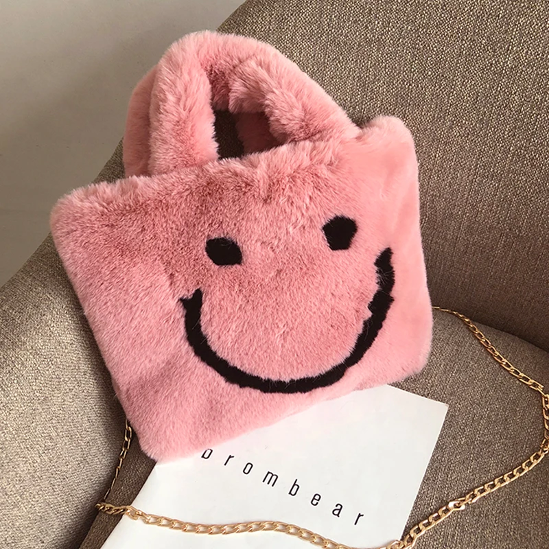 Best Women Winter Plush Smiley Face Handbags amp; Shoulder Bags Chain Covered Buttons Cute Soft Ladies Crossbody Bags