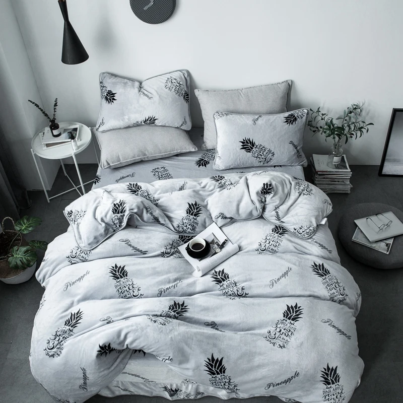 

2017 winter bedding set Brief style bed linens Queen size pineapple bed sheet gray Fleece fabric bed set bedding