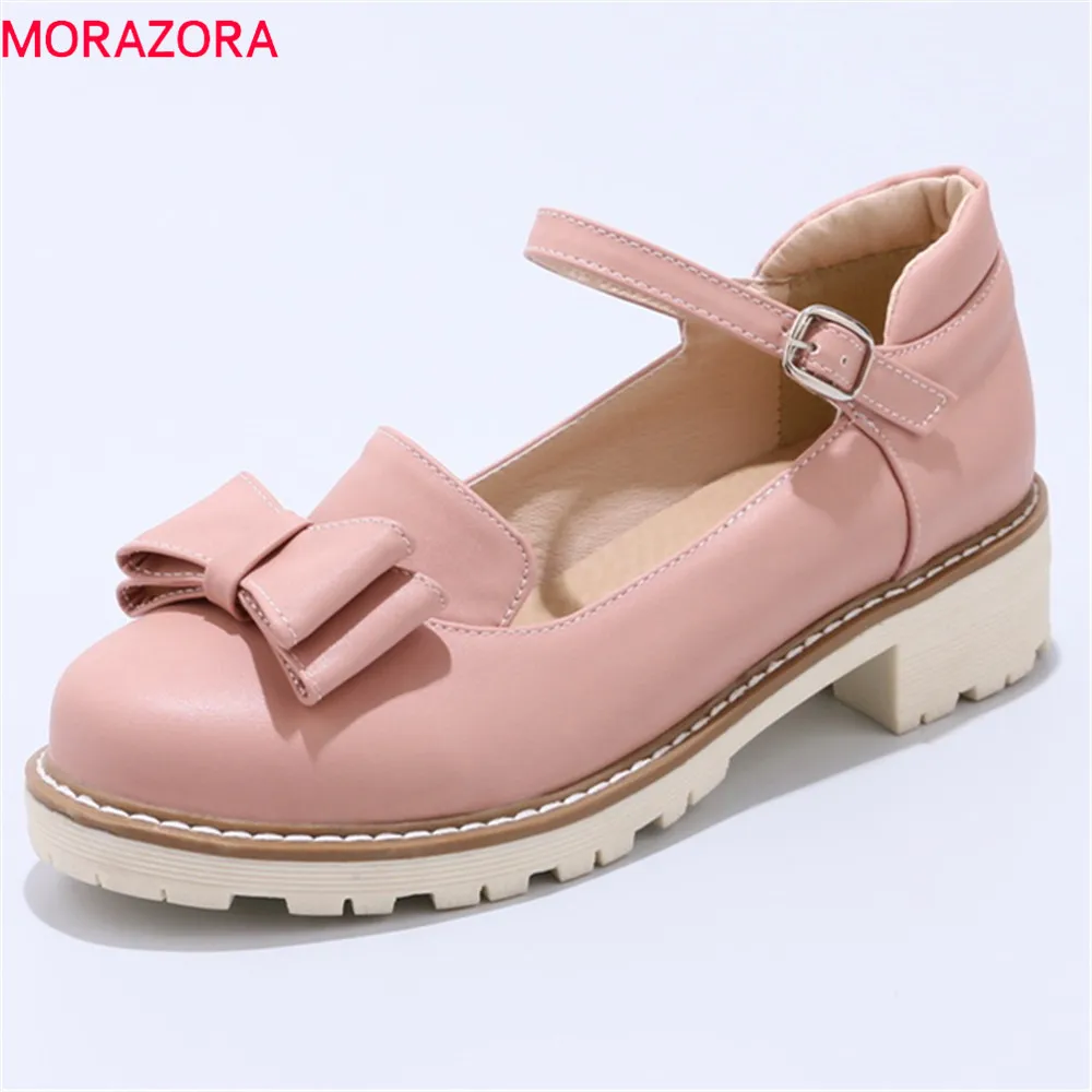 

MORAZORA 2020 new arrive round toe platform shoes with butterfly knot buckle square heels med heel pumps women shoes