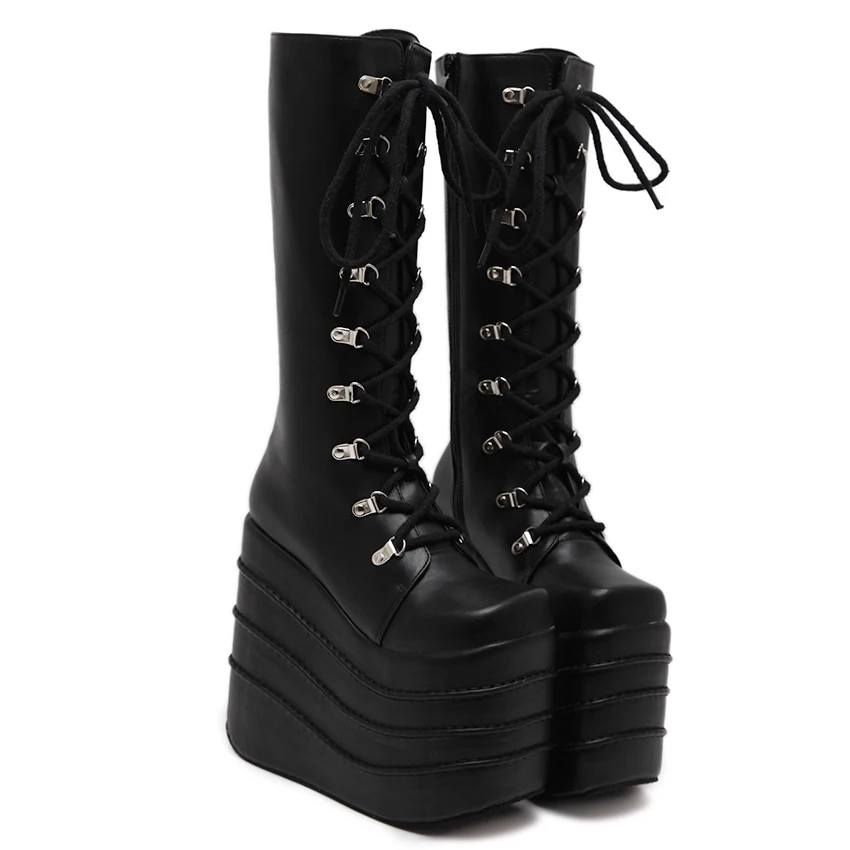 US4-11 женские панк клиновидные каблуки до колена сапоги до бедра из искусственной кожи на шнуровке обувь на платформе супер высокий 16 см Косплей Черный Белый A427