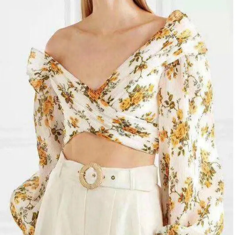 

High Quality 2019 V-neck Print Long Sleeve Sexy Women Blouse Top
