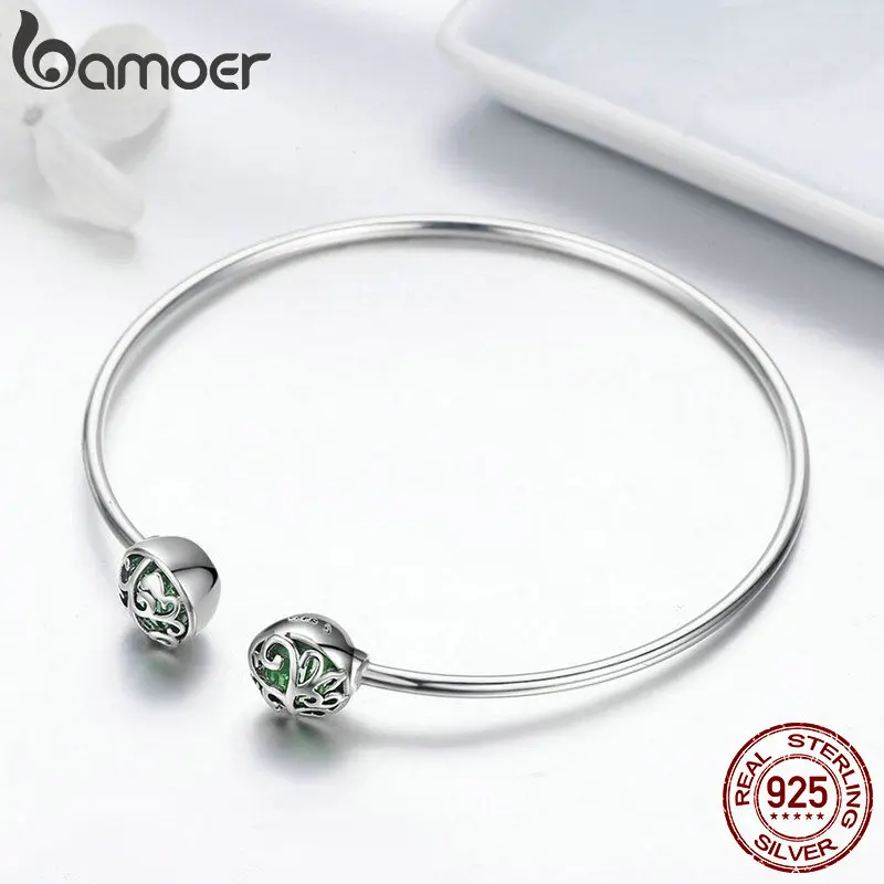 Koop BAMOER Echt 925 Sterling Silver Tree of Life Green Crystal CZ Vrouwen Open Manchet Bangle Armband Luxe Zilveren Sieraden SCB057
