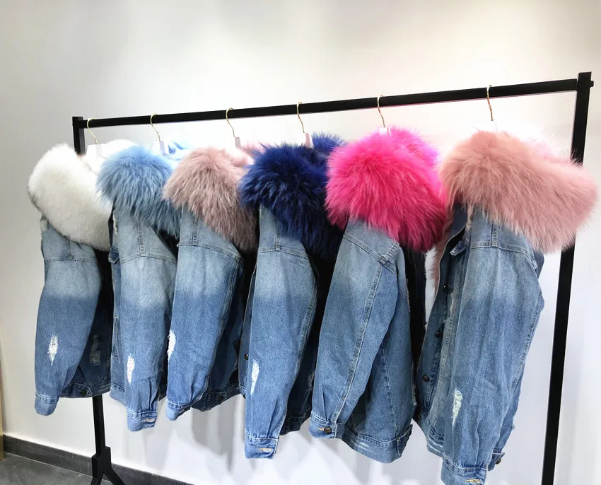 

Women Clothes Korean Denim Parka Winter Jacket Real Fur Coat Natural Raccoon Fur Collar Real Thick Warm Fox Fur Liner Outerwear