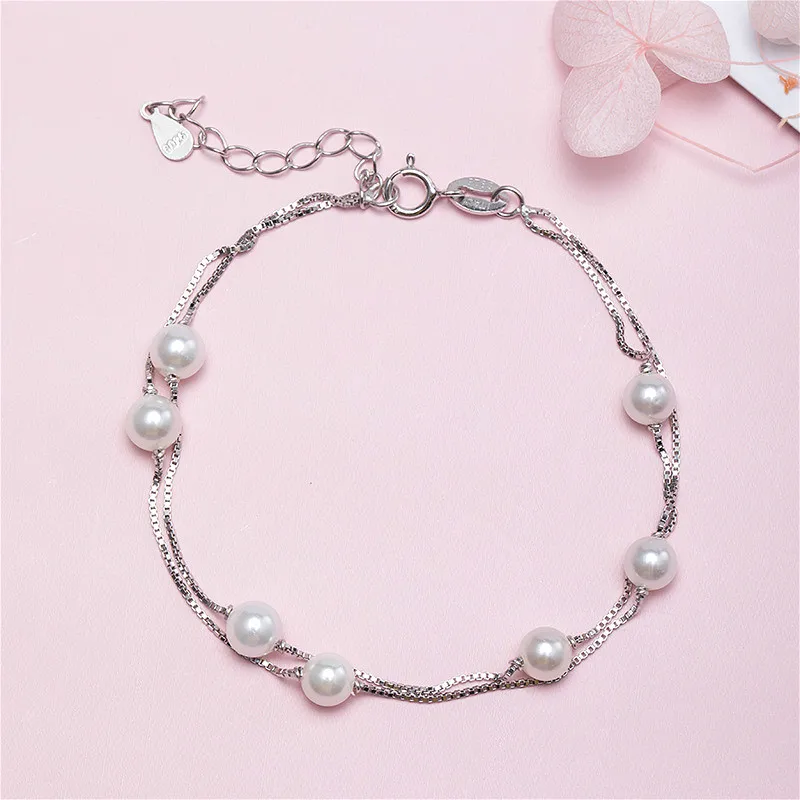 

Flyleaf Personalized Double Layer Pearl Bracelets & Bangles Real 925 Sterling Silver Bracelets For Women Fashion Fine Jewelry