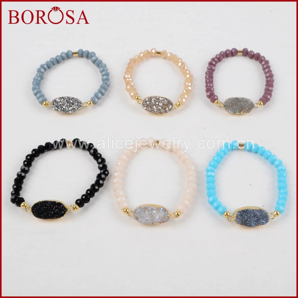 

BOROSA Oval Druzy Bracelet, Gold Color Natural Crystal Druzy Titanium Rainbow With Rainbow Faceted Beads Drusy Bracelet G1282