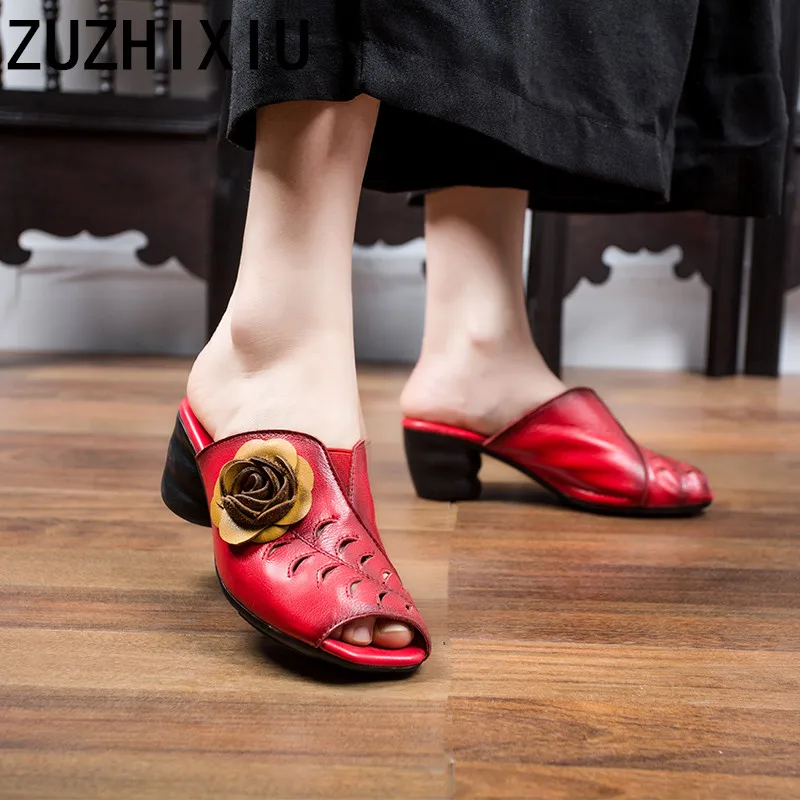 

ZUZHIXIU-Ladies' summer 2018 Nation style, new pure handmade national style ladies' cool slippers flower casual Retro slippers