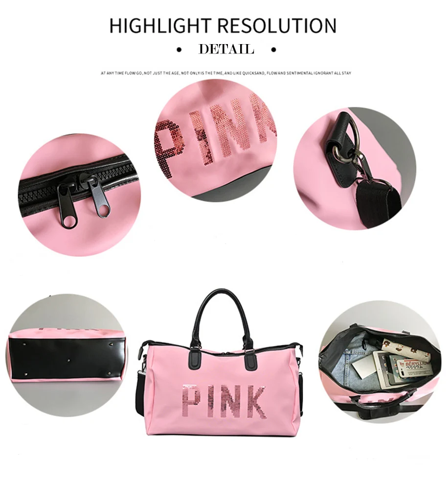2019 Wobag Ladies Black Travel Bag Pink Sequins Shoulder Bag Women Handbag Ladies Weekend Portable Duffel Bag Waterproof Wash05
