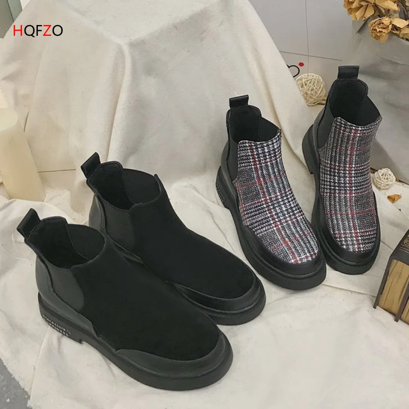 

HQFZO Pantshoes Leisure Ankle Boots Farbic Grid Flats Slip On Botki Round Toe Platform Solid Comfortable Botines Mujer 2018