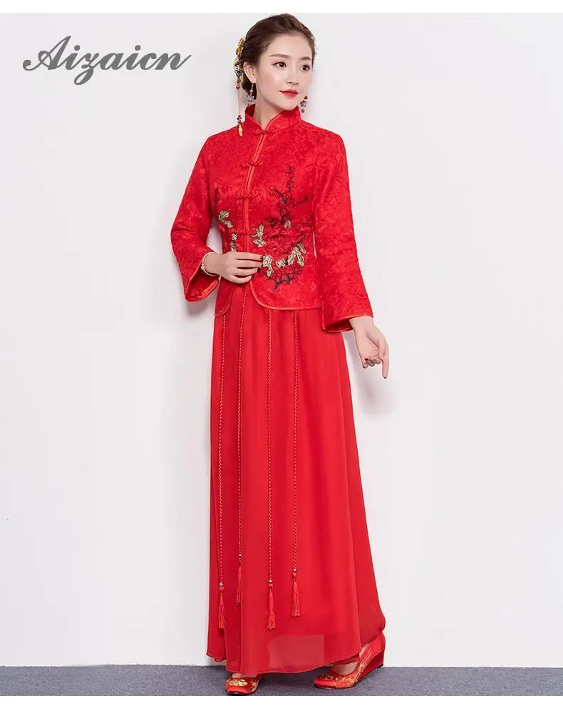 Китайское платье Для женщин Cheongsams Красное Кружевное вышитое платье-чанпао китайские свадебные платья традиционные невесты Традиции