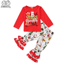 Новые милые детские наряды для малышей, рождественские топы с длинными рукавами и рисунком Санты для маленьких девочек, штаны с оборками и принтом милый комплект одежды