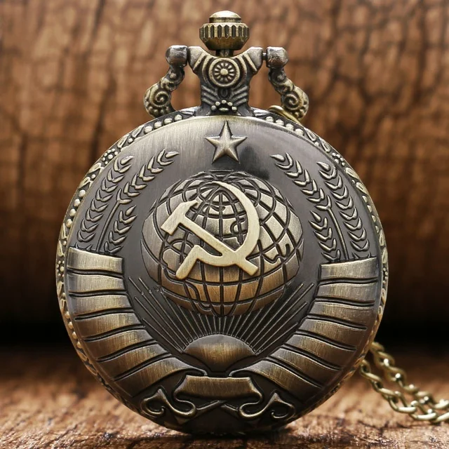 Antique Bronze Soviet Sickle Hammer Style Pocket Watch With Necklace Chain Xmas Antique Bronze Soviet Sickle Hammer Style Pocket Watch With Necklace Chain Xmas
