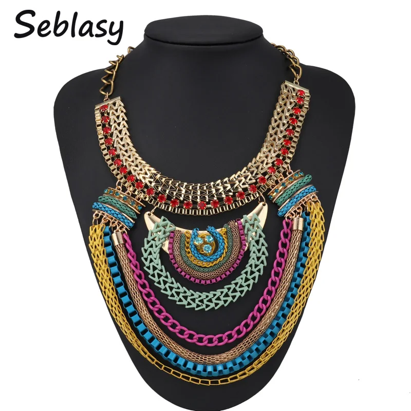 Seblasy Ethnic Bohemian Maxi Tibet Multi Layer Metal Chain Exaggeration Statement Geometric Crystal Choker Necklaces for Women |
