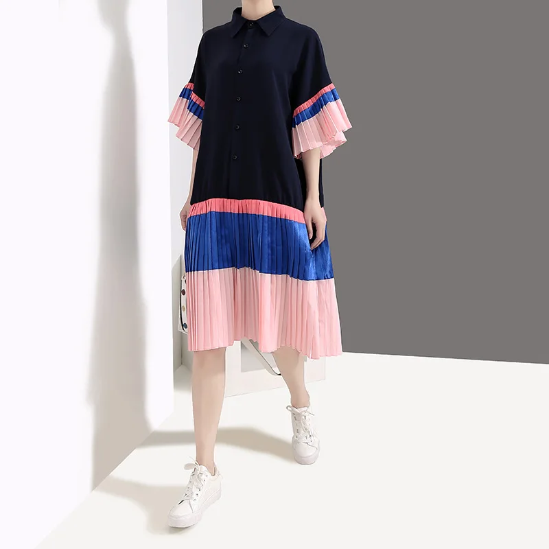 

Johnature Korean Pleated Flare Half-sleeve Summer Dress 2019 New Button Patchwork Solid Color Turn-down Collar Loose Women Dress