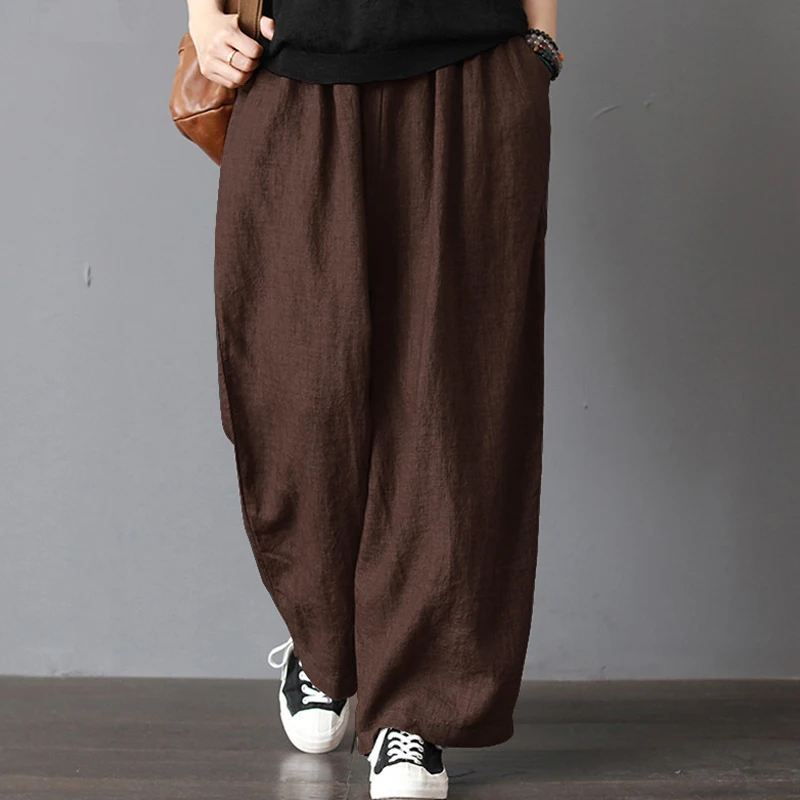 S-5XL Women Fashion Loose Long Pants Cotton Linen Solid Wide Leg Pants With Pockets Ladies Casual Summer Autumn Baggy Trousers