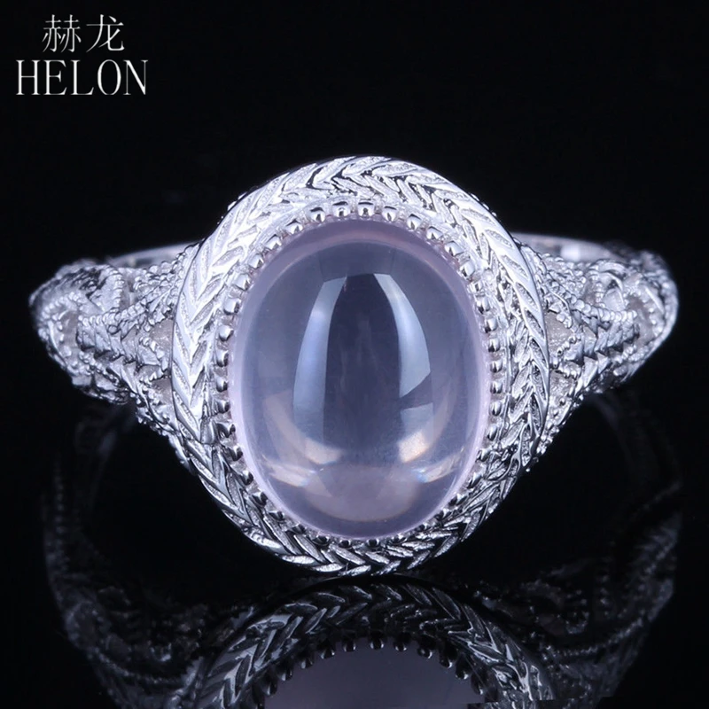 HELON Real Solid 14K White Gold Oval 10x8mm Pink Quartz Gem Ring Antique Vintage Engagement Wedding Ring Fine Jewelry For Women HELON Real Solid 14K White Gold Oval 10x8mm Pink Quartz Gem Ring Antique Vintage Engagement Wedding Ring Fine Jewelry For Women