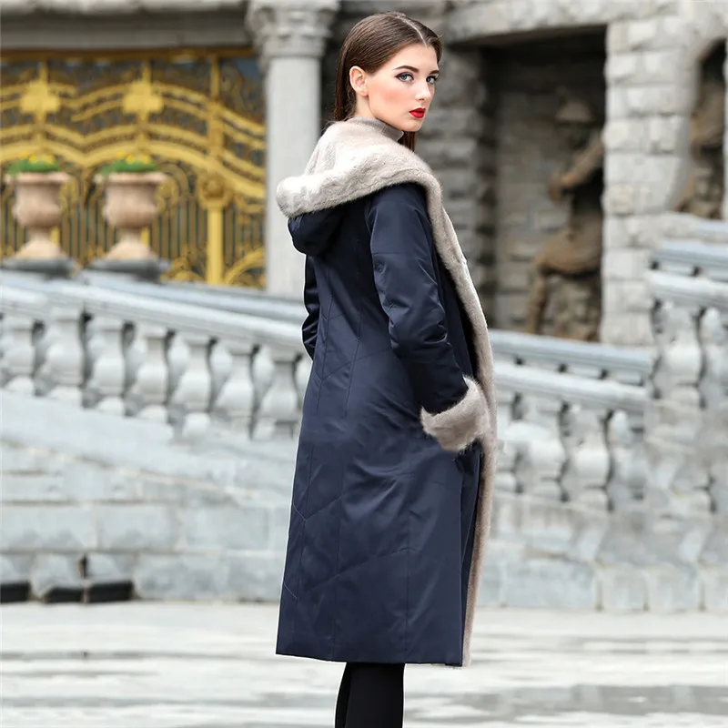Шуба женская синяя XL 2XL 3XL размера плюс с длинным рукавом Куртка с капюшоном 19 новая весенняя зимняя Корейская Длинная тонкая Толстая теплая куртка LD884
