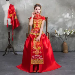 Классический для женщин традиционные Вышивка Феникс свадебное платье Qipao Королевский брак костюм изысканный тост Костюмы комплект