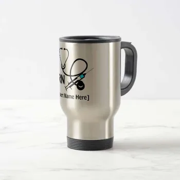 

Funny Personalized Nurse with Stethoscope and Heart Travel Mug Stainless Steel coffee Cup with Handle - Great Gift Mugs 14 Ounce