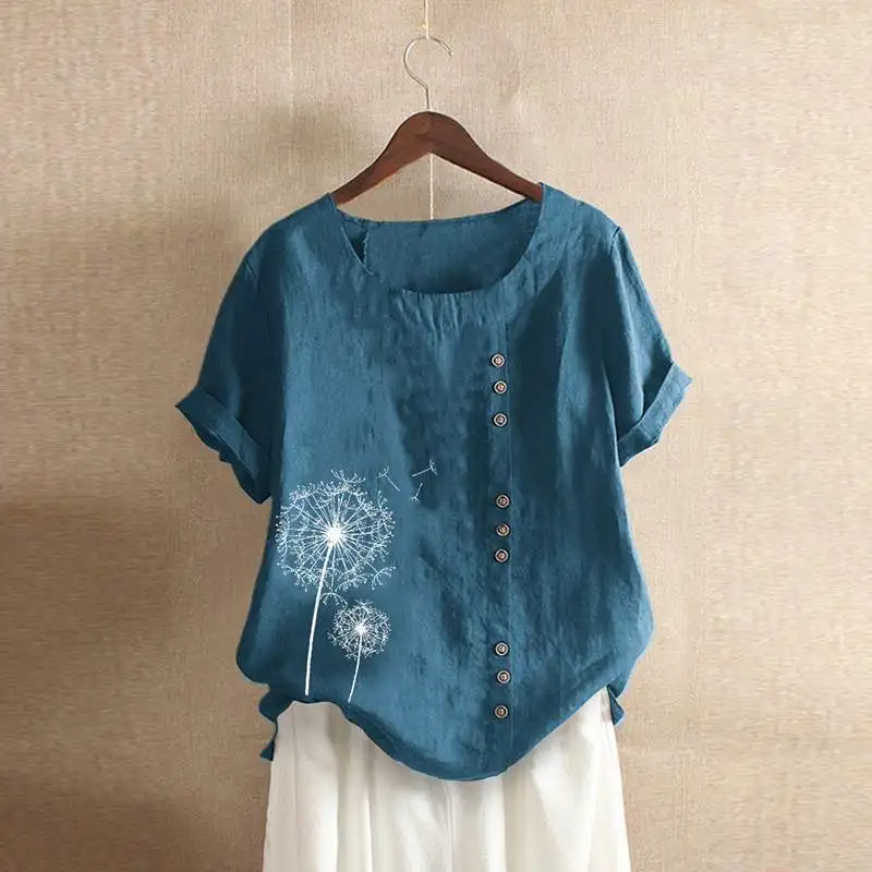 

Women Blouse Summer Short Sleeve Vintage Floral Printed Shirt Plus Size Casual Solid Tunic Tops Female Cotton Linen Blusas Mujer